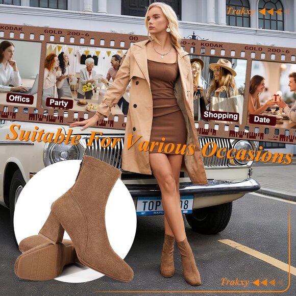 Women's Square Toe Ankle Chestnut Boots Faux Suede Low Block Heel Chelsea Shoes - Picture 6 of 7